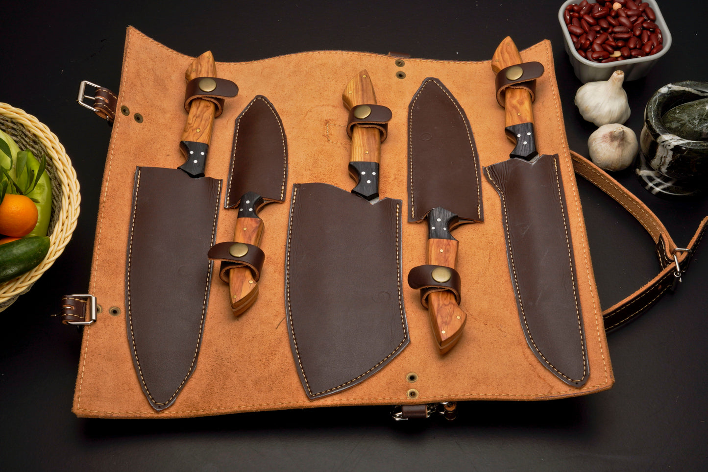 Handmade Forged Damascus Steel Chef Set-Artisanal Elegance 5-Piece Kitchen Knives Set