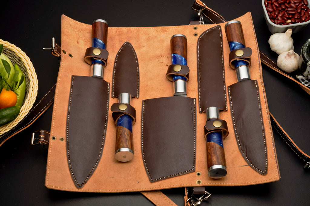 Handmade Damascus Steel Chef Knife Set, 5 Pieces Kitchen Knife Set with Leather Cover