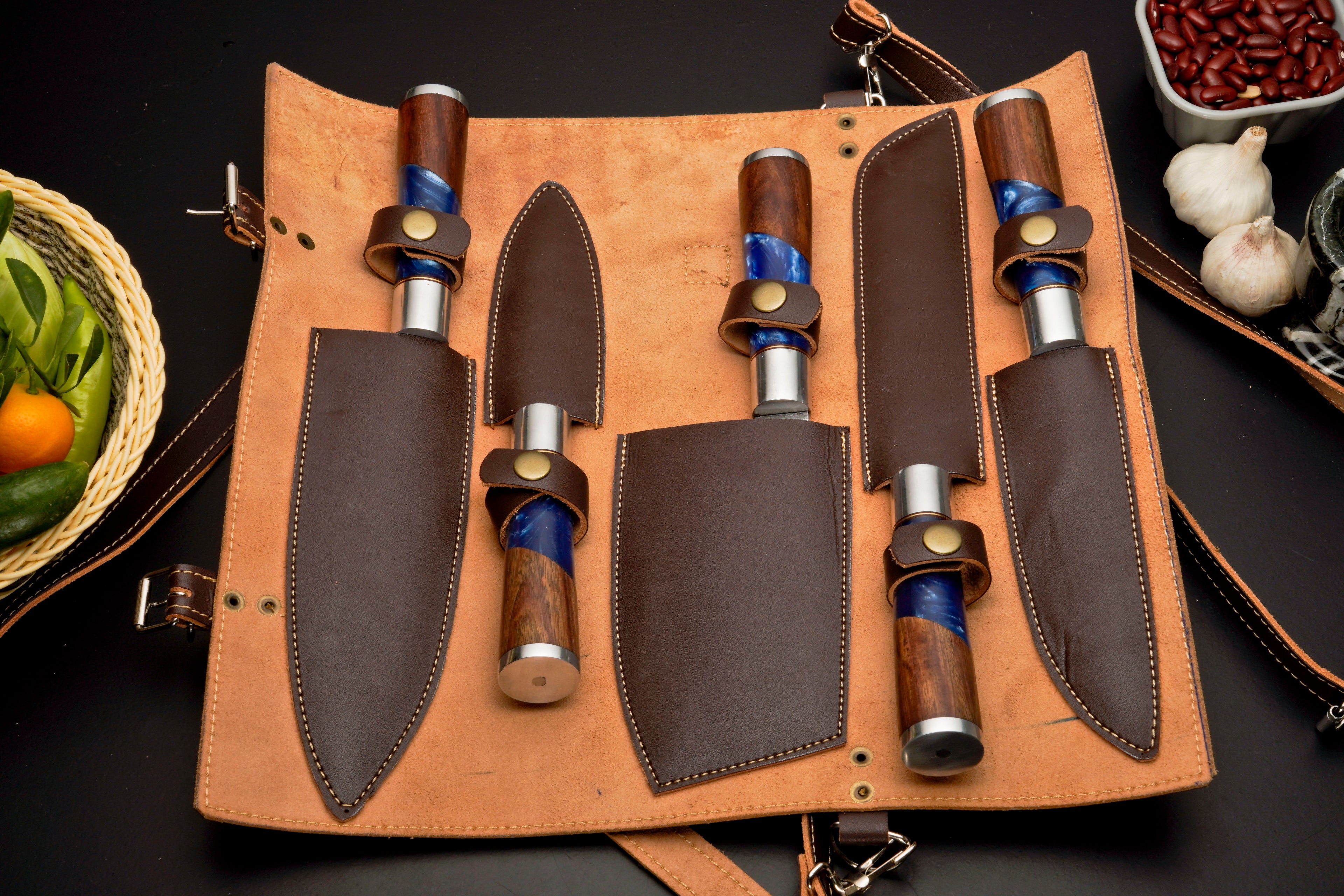 Handmade Damascus Steel Chef Knife Set, 5 Pieces Kitchen Knife Set with Leather Cover