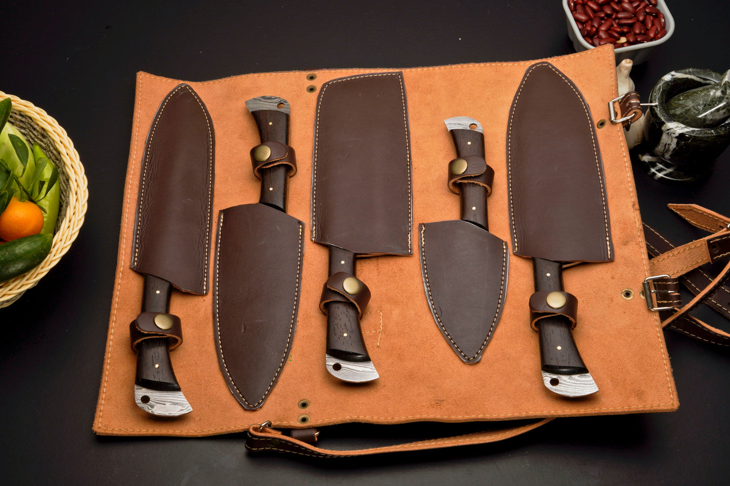 Custom Handmade Forged Damascus Steel Chef Set-Kitchen Knives Set W/ Leather Roll