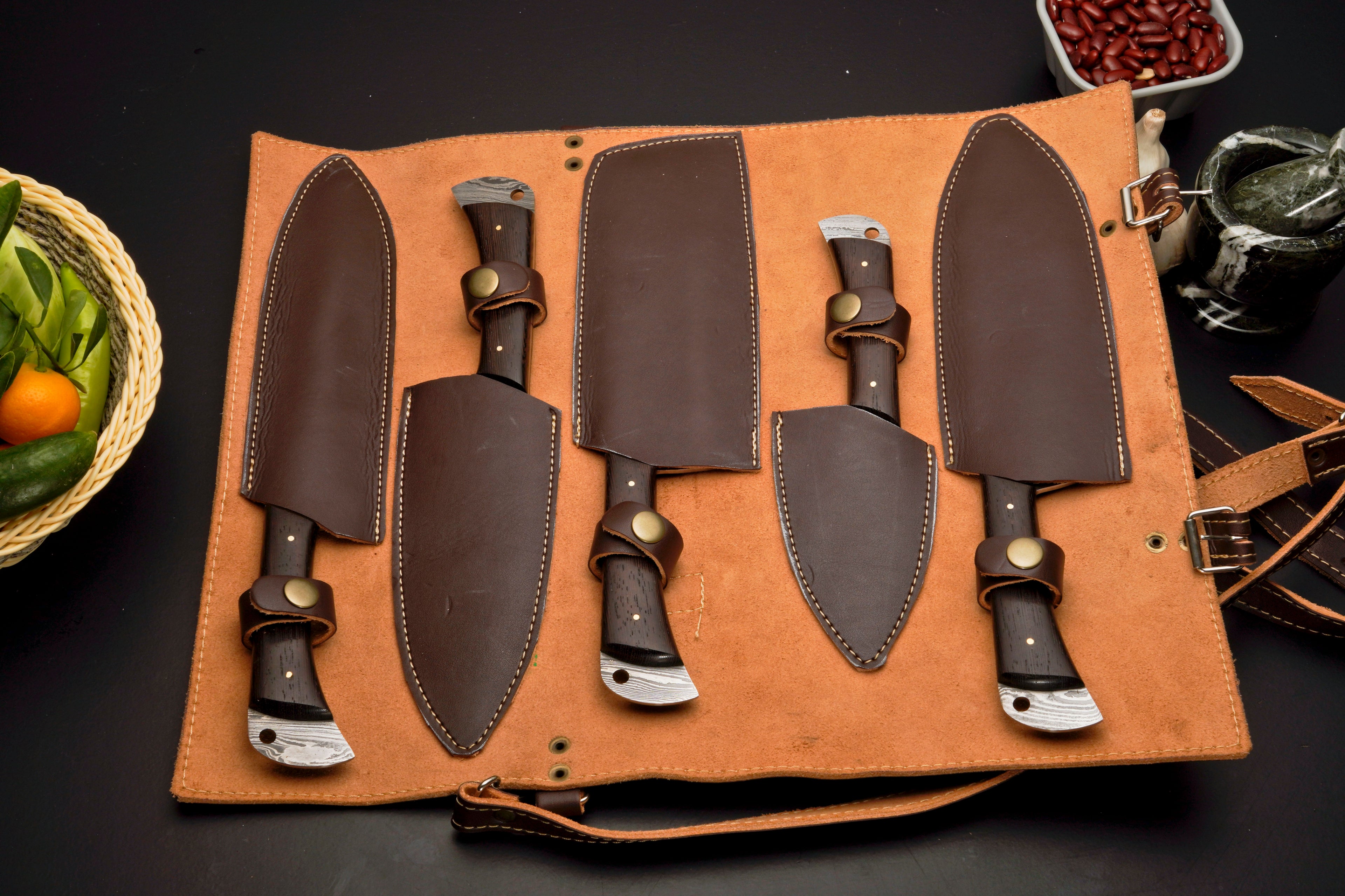 Custom Handmade Forged Damascus Steel Chef Set-Kitchen Knives Set W/ Leather Roll