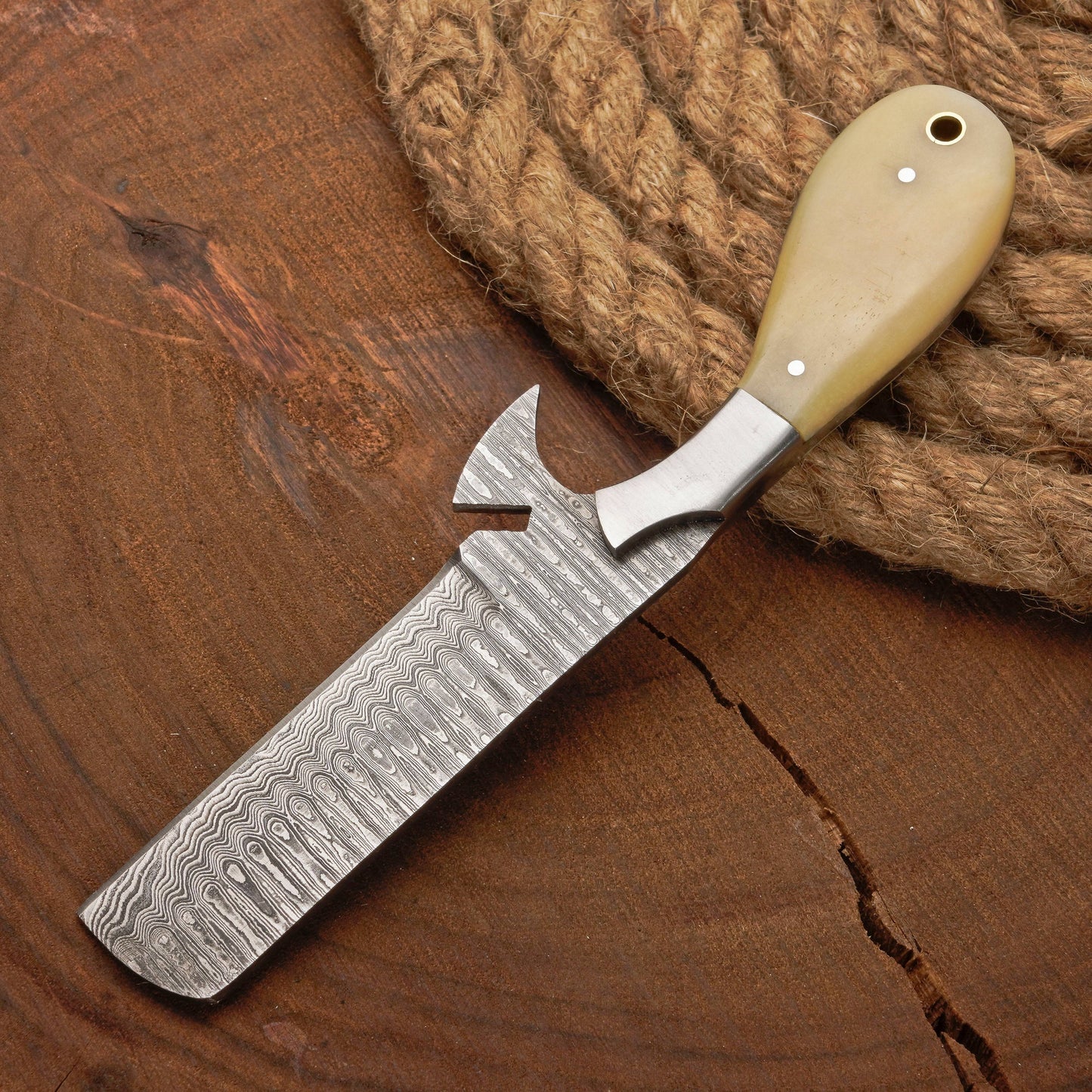 Custom Handmade Damascus Steel Bull Cutter Knife with Bone Handle