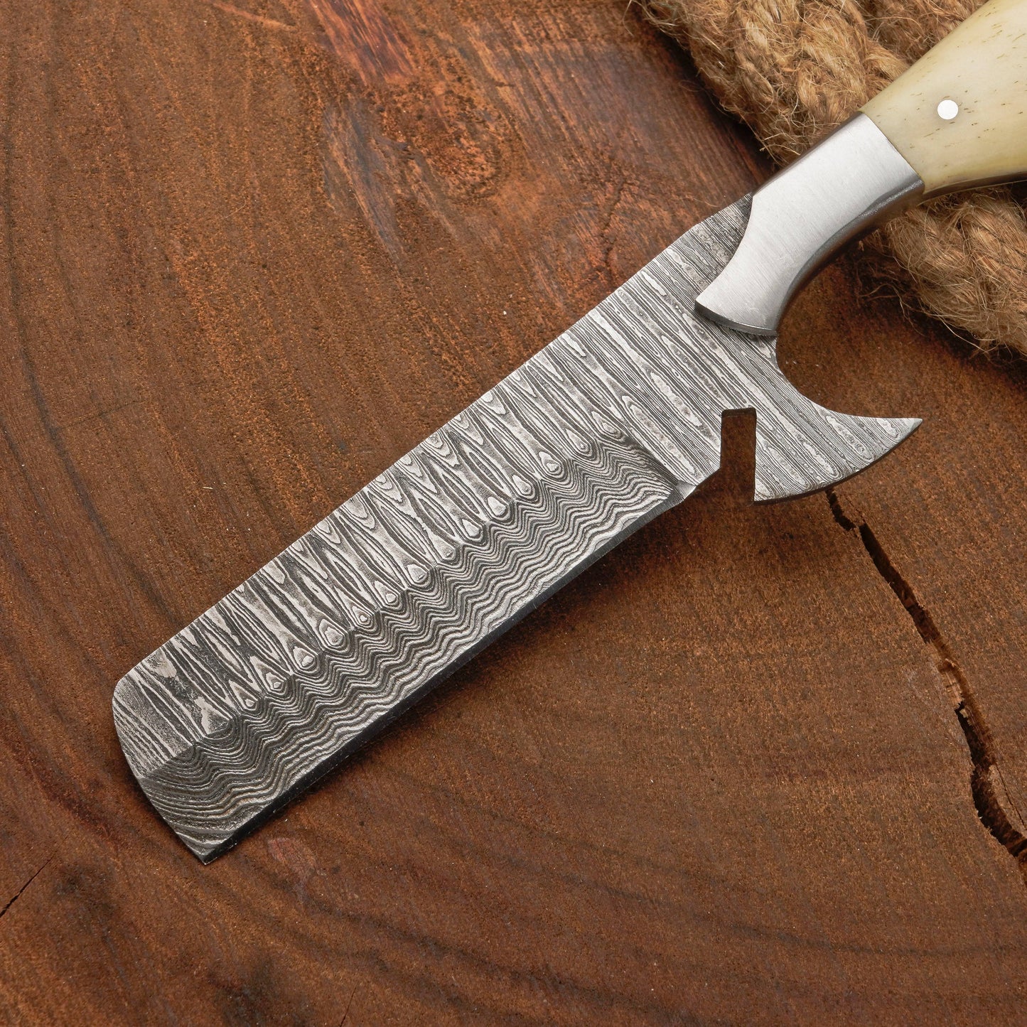 Custom Handmade Damascus Steel Bull Cutter Knife with Bone Handle