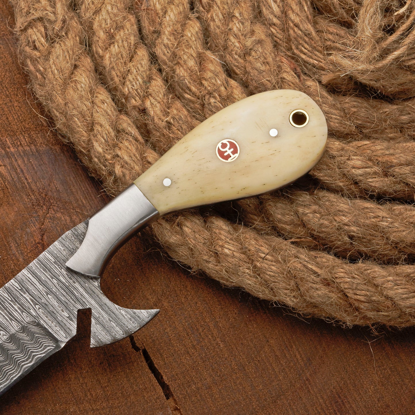 Custom Handmade Damascus Steel Bull Cutter Knife with Bone Handle