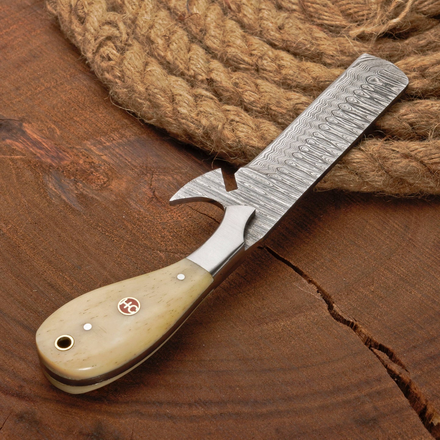 Custom Handmade Damascus Steel Bull Cutter Knife with Bone Handle