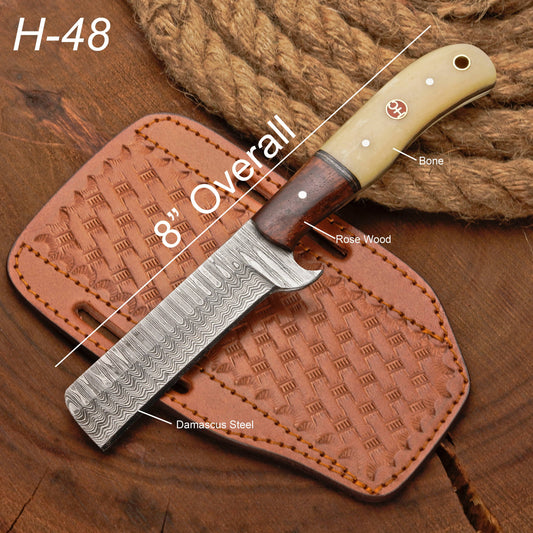 Custom Handmade Damascus Steel Bull Cutter Knife w/ Rosewood & Bone Handle | Damascus Blade