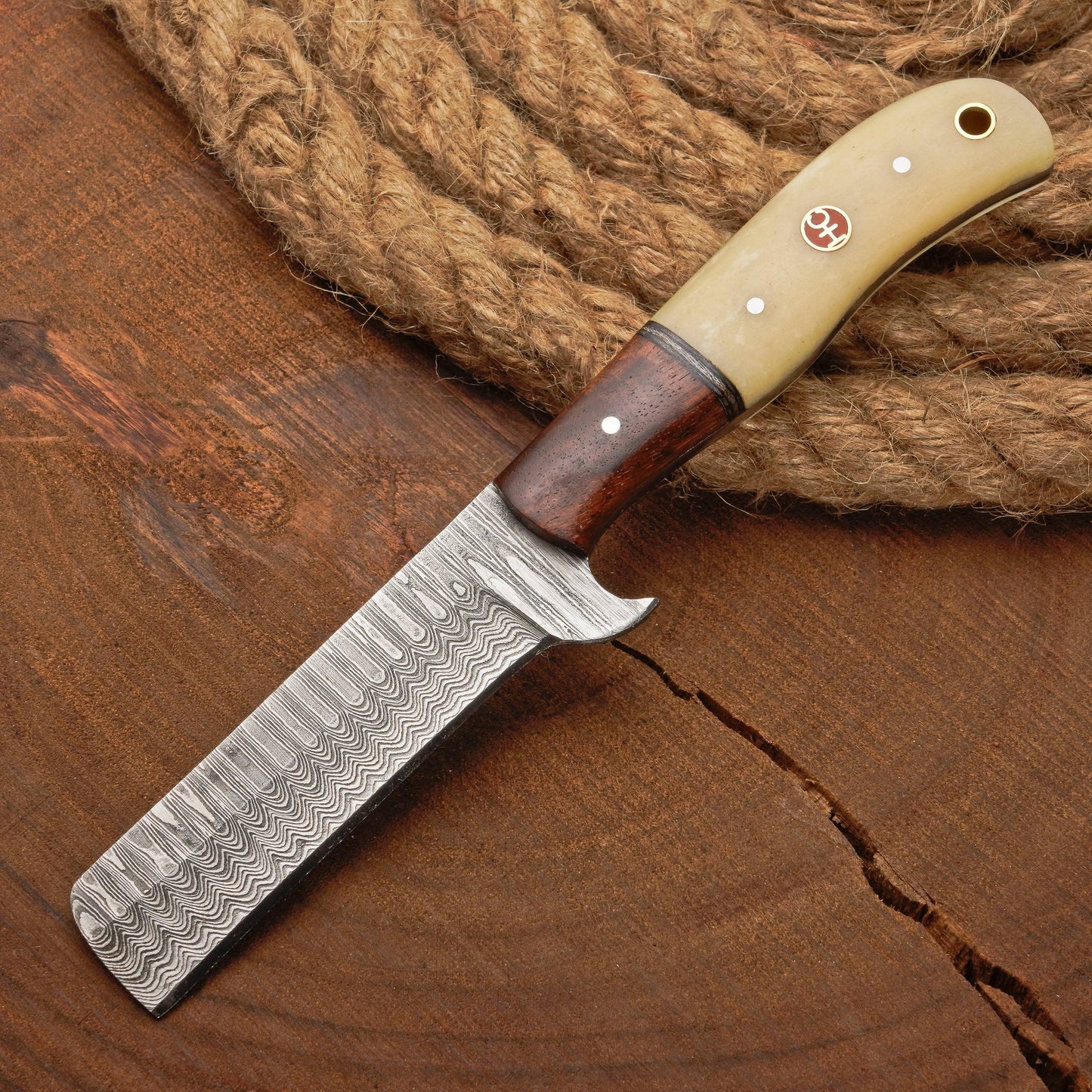 Custom Handmade Damascus Steel Bull Cutter Knife w/ Rosewood & Bone Handle | Damascus Blade