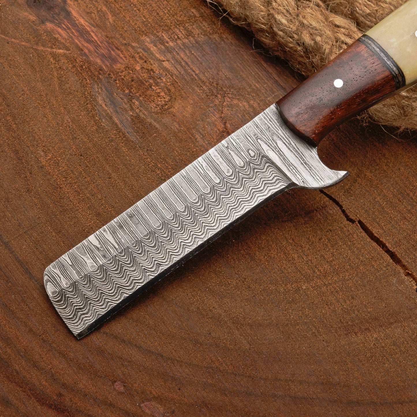 Custom Handmade Damascus Steel Bull Cutter Knife w/ Rosewood & Bone Handle | Damascus Blade