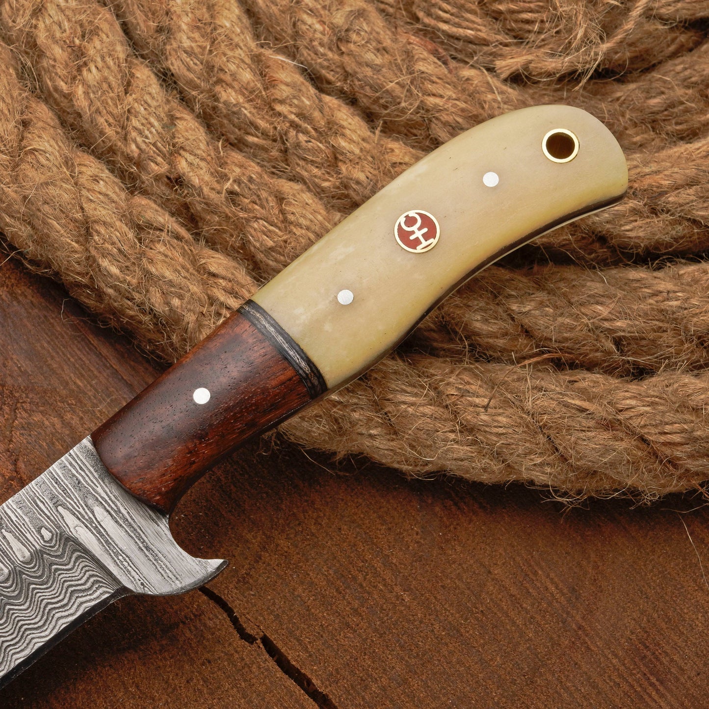 Custom Handmade Damascus Steel Bull Cutter Knife w/ Rosewood & Bone Handle | Damascus Blade