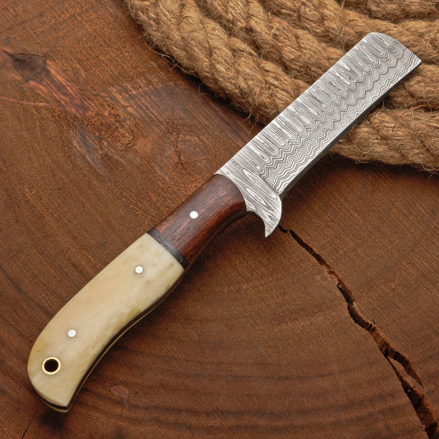 Custom Handmade Damascus Steel Bull Cutter Knife w/ Rosewood & Bone Handle | Damascus Blade