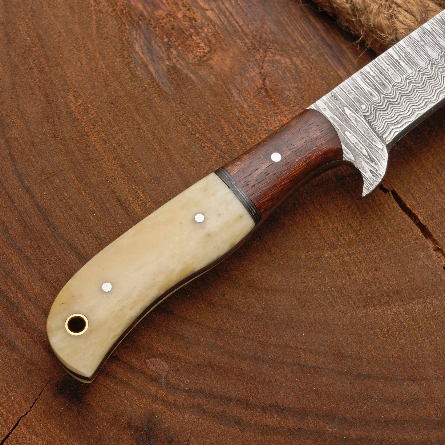 Custom Handmade Damascus Steel Bull Cutter Knife w/ Rosewood & Bone Handle | Damascus Blade