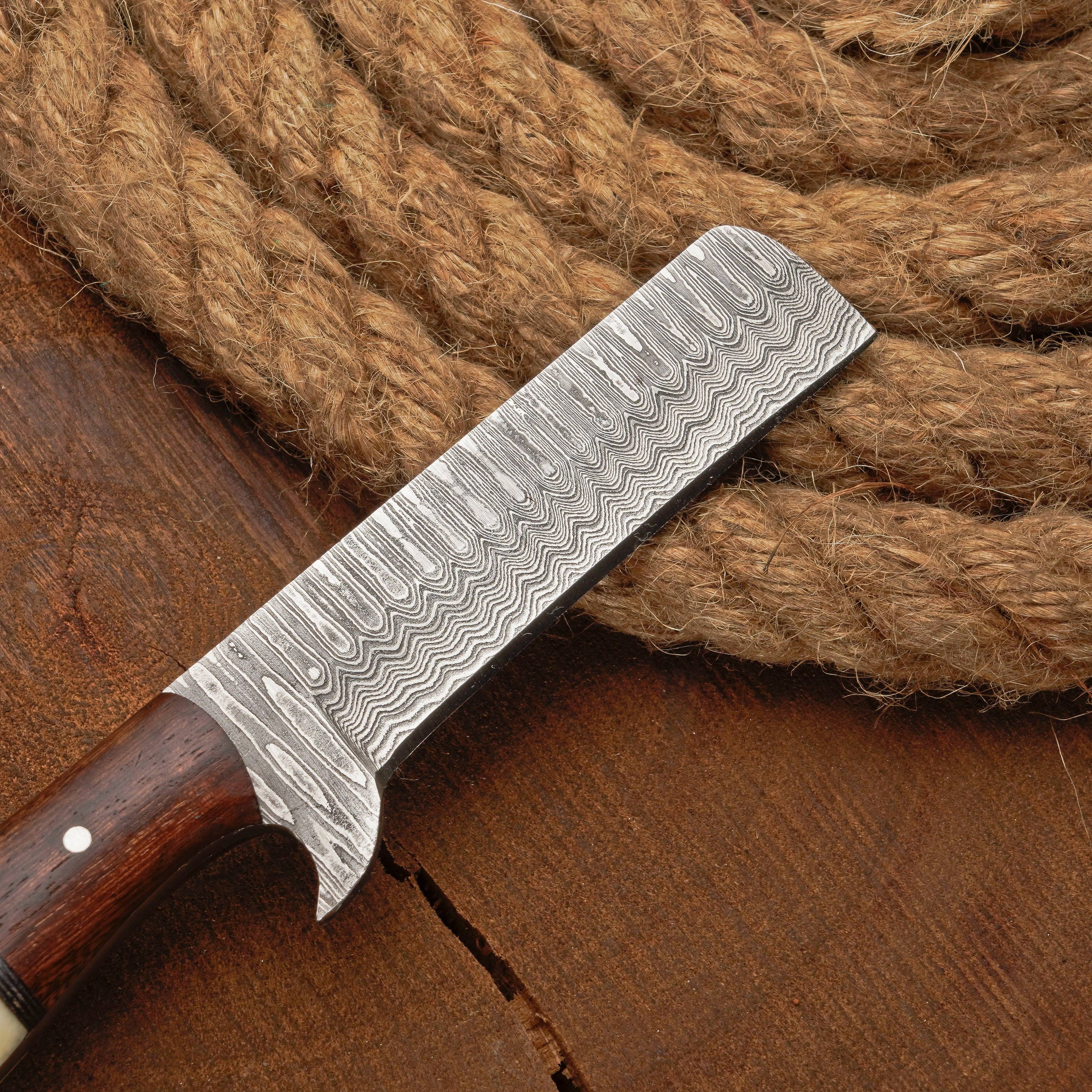 Custom Handmade Damascus Steel Bull Cutter Knife w/ Rosewood & Bone Handle | Damascus Blade