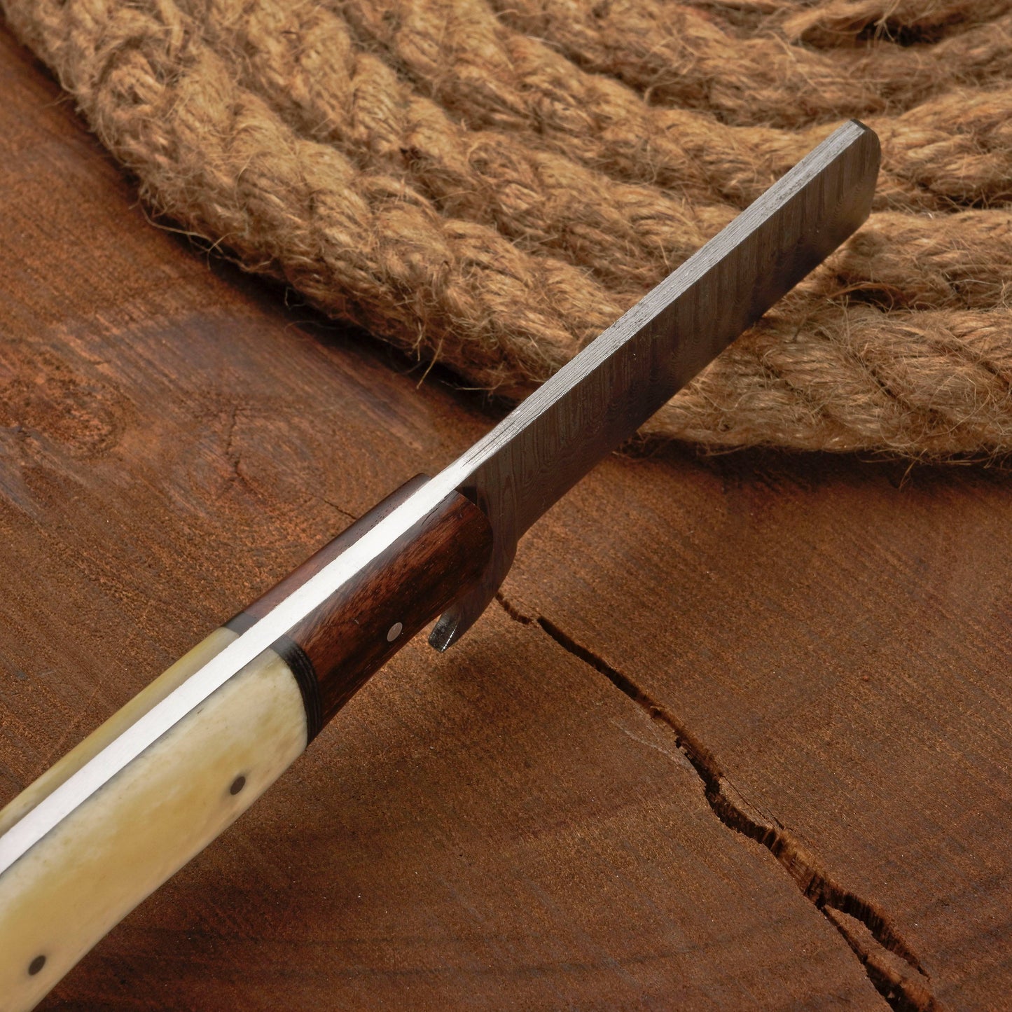 Custom Handmade Damascus Steel Bull Cutter Knife w/ Rosewood & Bone Handle | Damascus Blade