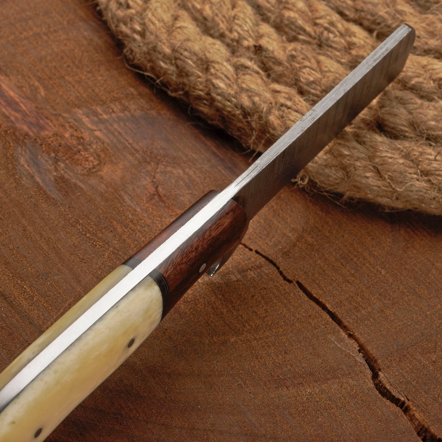 Custom Handmade Damascus Steel Bull Cutter Knife w/ Rosewood & Bone Handle | Damascus Blade