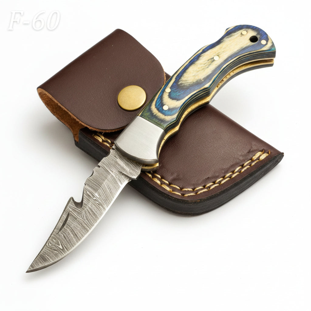 Handmade Damascus Gut Hook Pocket Knife – Camping Folding Blade w/ PakkaWood Handle
