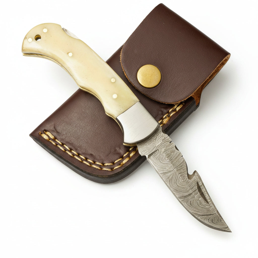Damascus Gut Hook Pocket Knife – Handmade Folding Hunting & Camping Knife