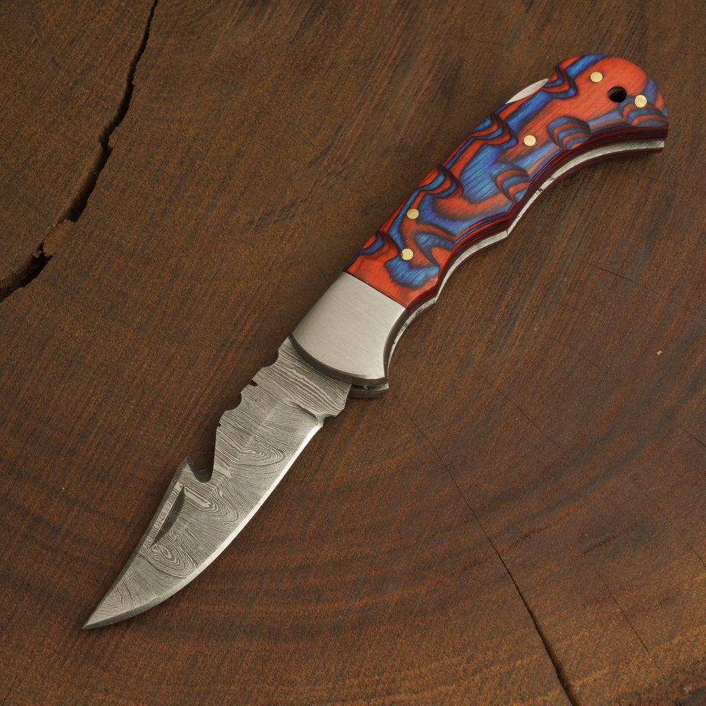 Forged Damascus Steel Gut-Hook Pocket Knife 