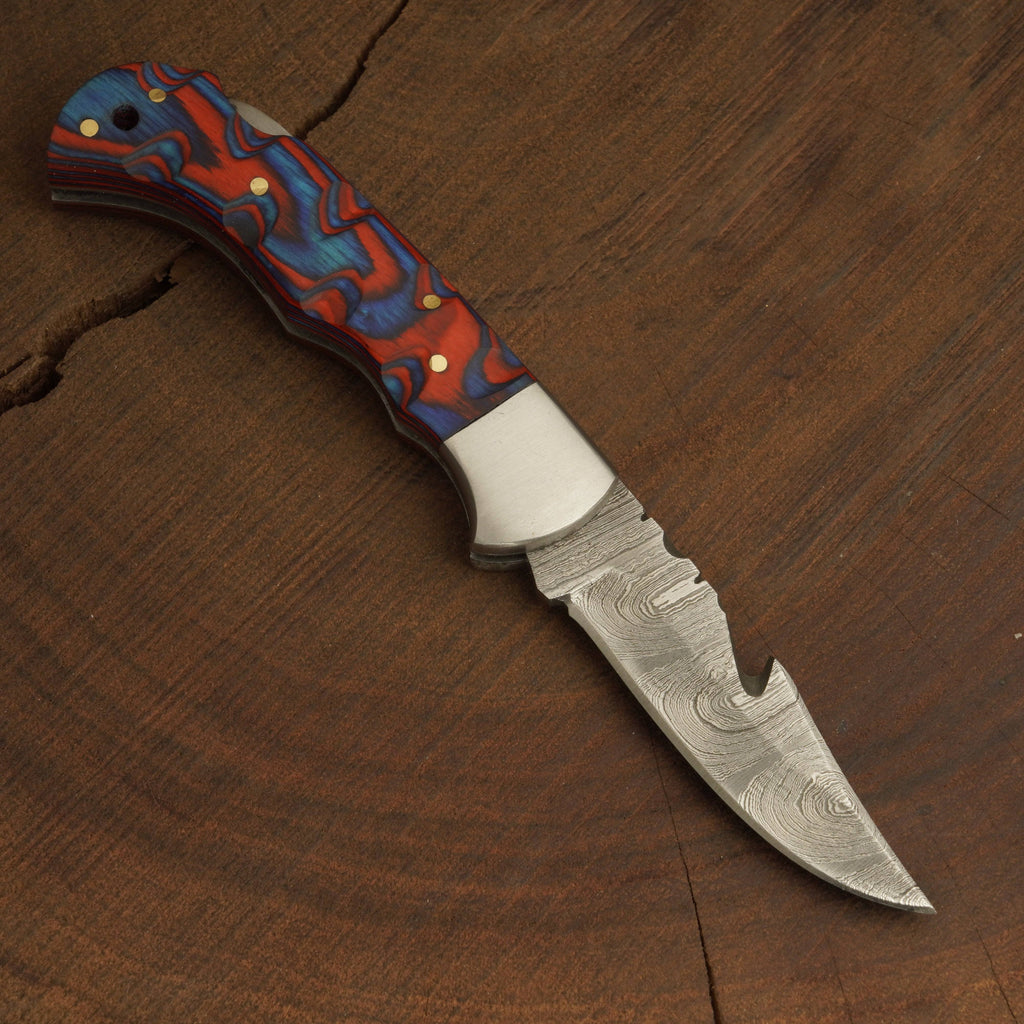 Forged Damascus Steel Gut-Hook Pocket Knife – Folding Blade Back Lock Knife
