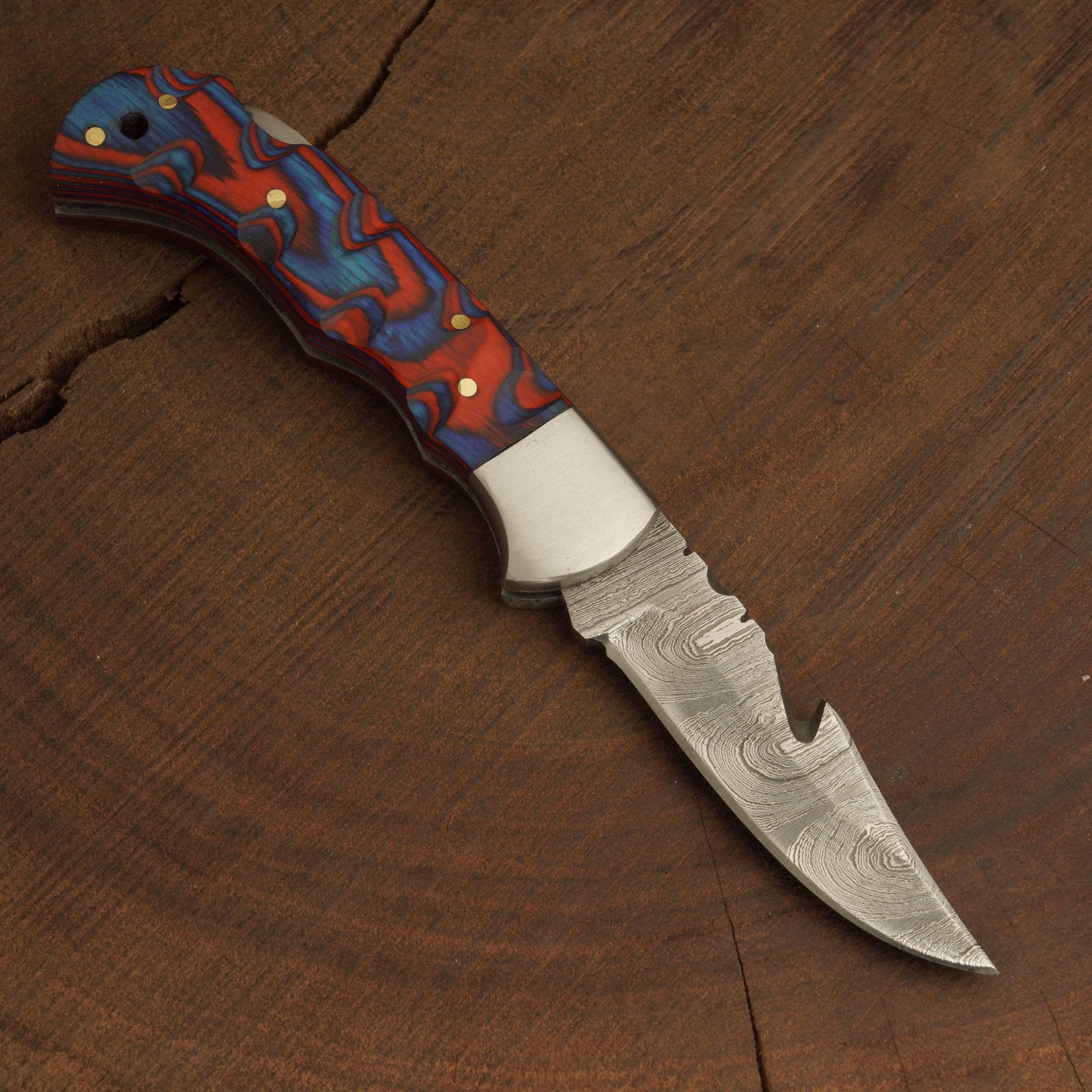 Forged Damascus Steel Gut-Hook Pocket Knife – Folding Blade Back Lock Knife