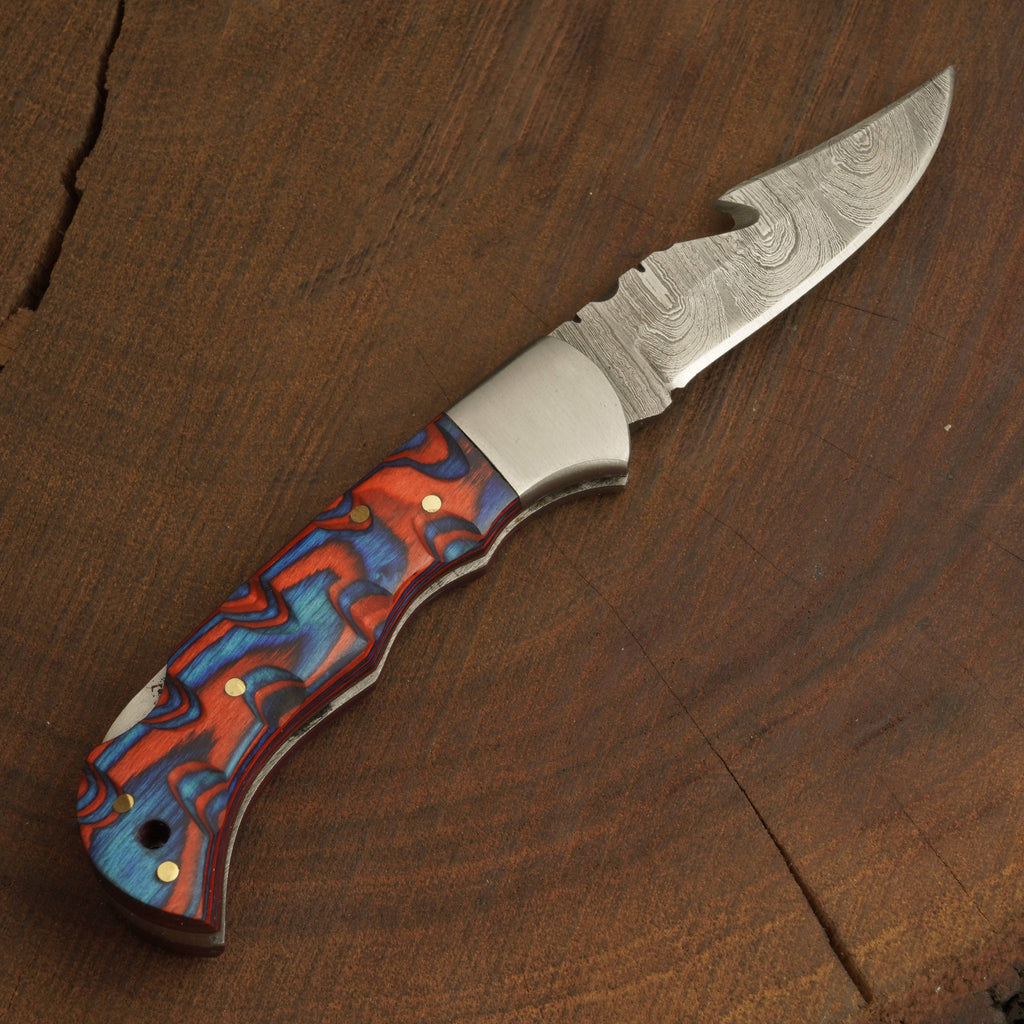 Forged Damascus Steel Gut-Hook Pocket Knife – Folding Blade Back Lock Knife