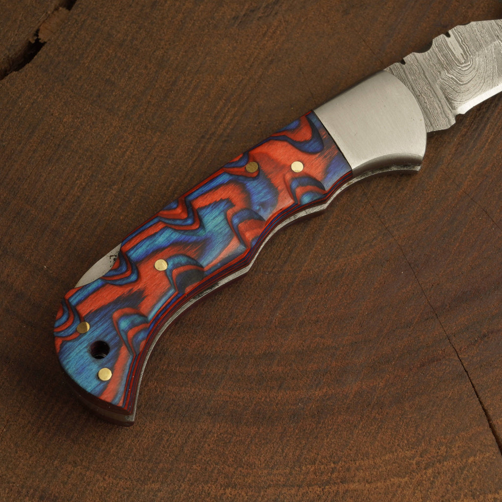 Forged Damascus Steel Gut-Hook Pocket Knife – Folding Blade Back Lock Knife