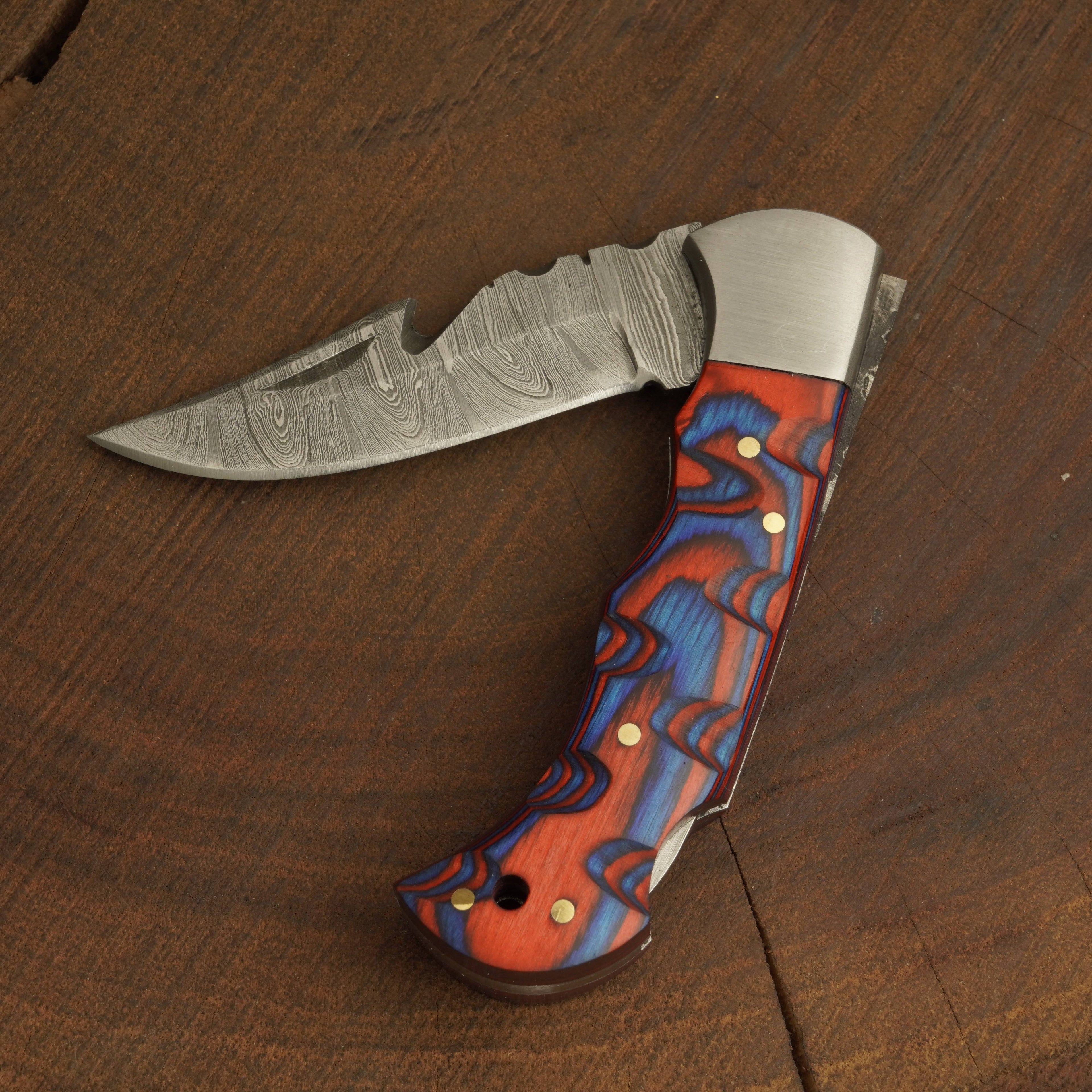 Forged Damascus Steel Gut-Hook Pocket Knife – Folding Blade Back Lock Knife