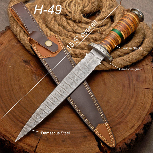 Custom Handmade Damascus Steel Dagger Knife with Leather Stack Handle in Green & Brown