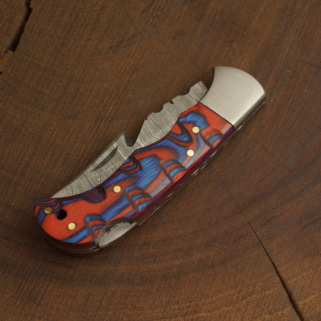 Forged Damascus Steel Gut-Hook Pocket Knife – Folding Blade Back Lock Knife