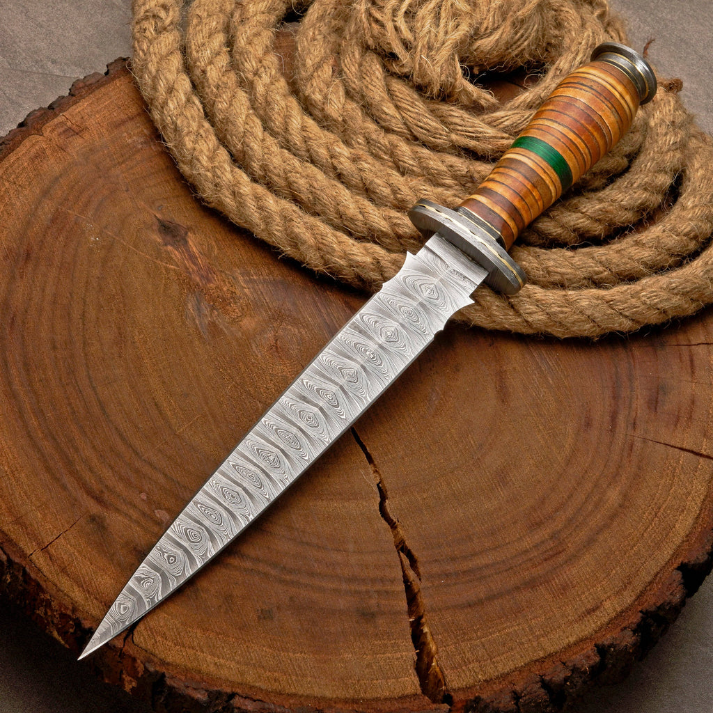 Custom Handmade Damascus Steel Dagger Knife with Leather Stack Handle in Green & Brown