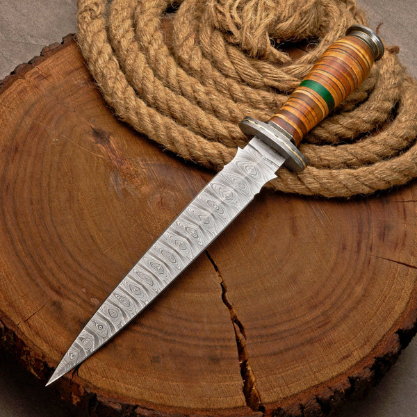 Custom Handmade Damascus Steel Dagger Knife with Leather Stack Handle in Green & Brown