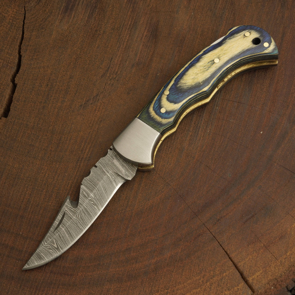 Handmade Damascus Gut Hook Pocket Knife – Camping Folding Blade w/ PakkaWood Handle