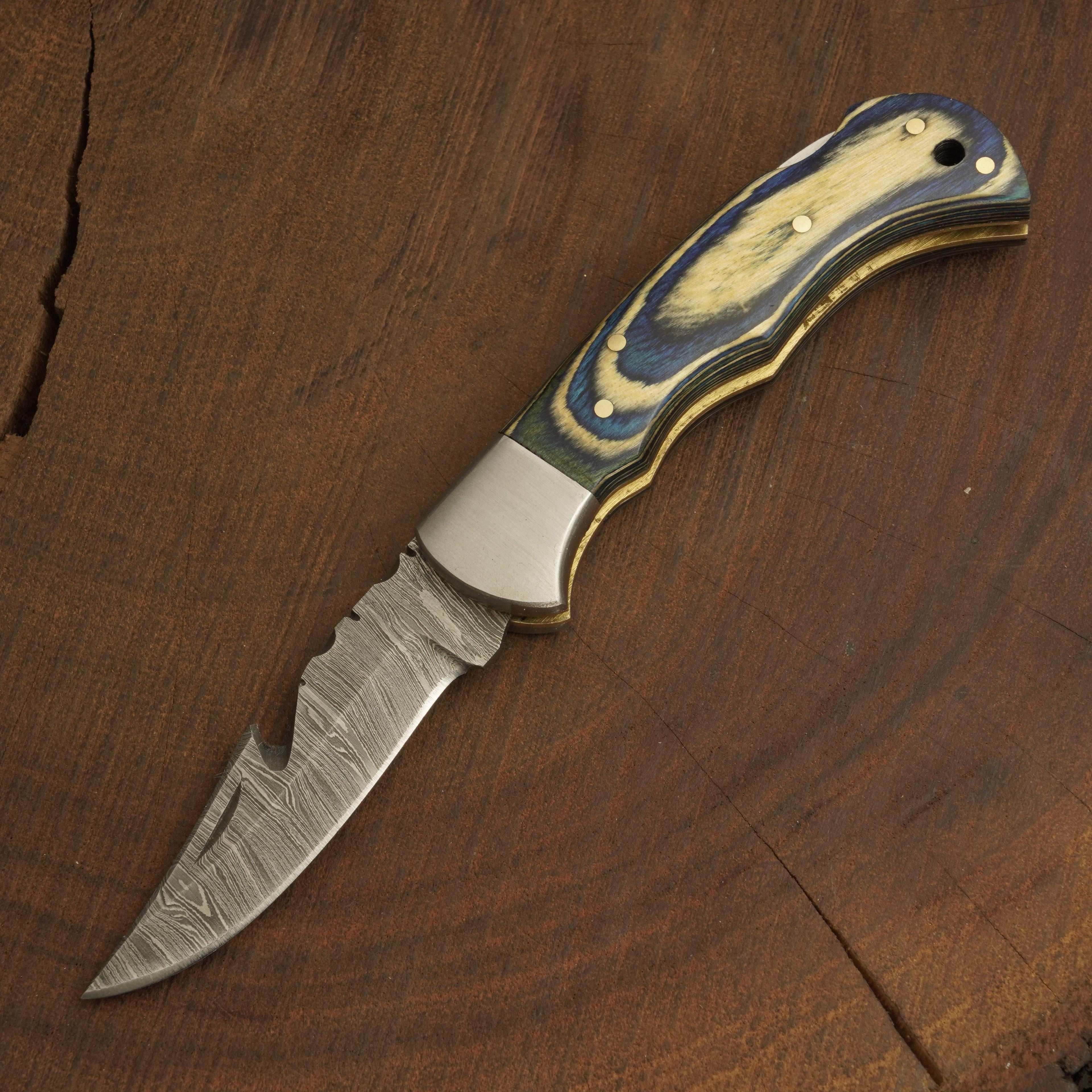 Handmade Damascus Gut Hook Pocket Knife – Camping Folding Blade w/ PakkaWood Handle
