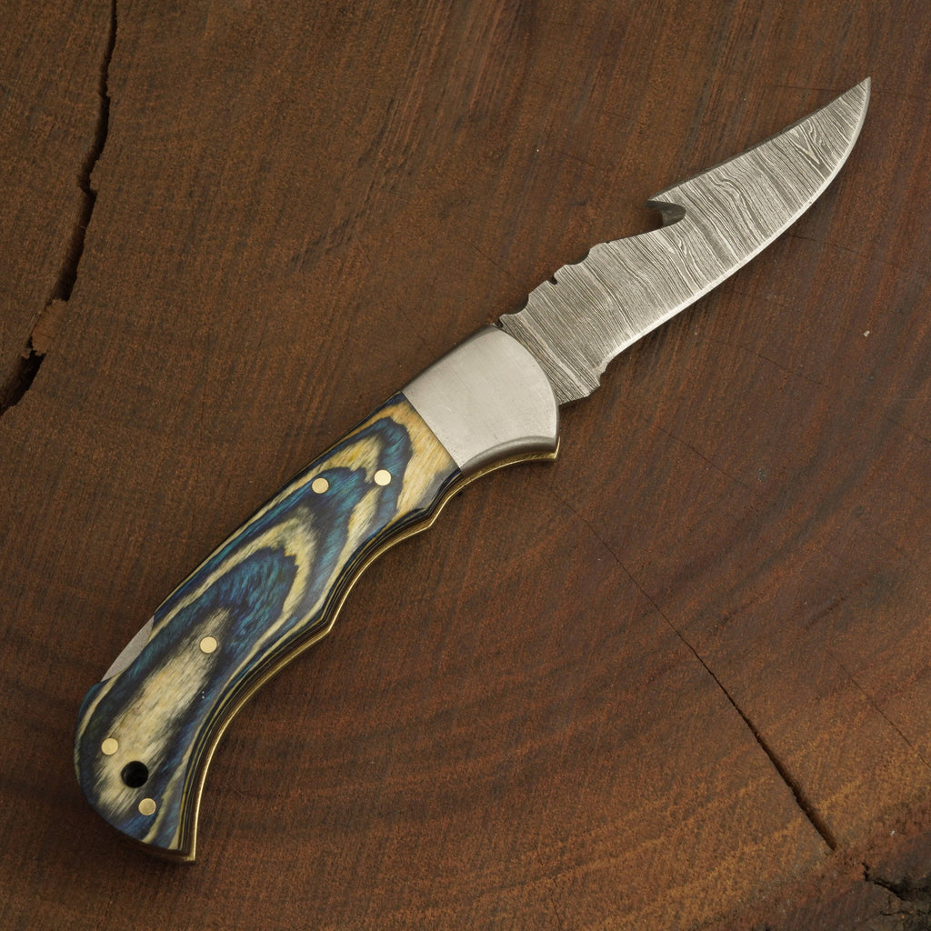 Handmade Damascus Gut Hook Pocket Knife – Camping Folding Blade w/ PakkaWood Handle