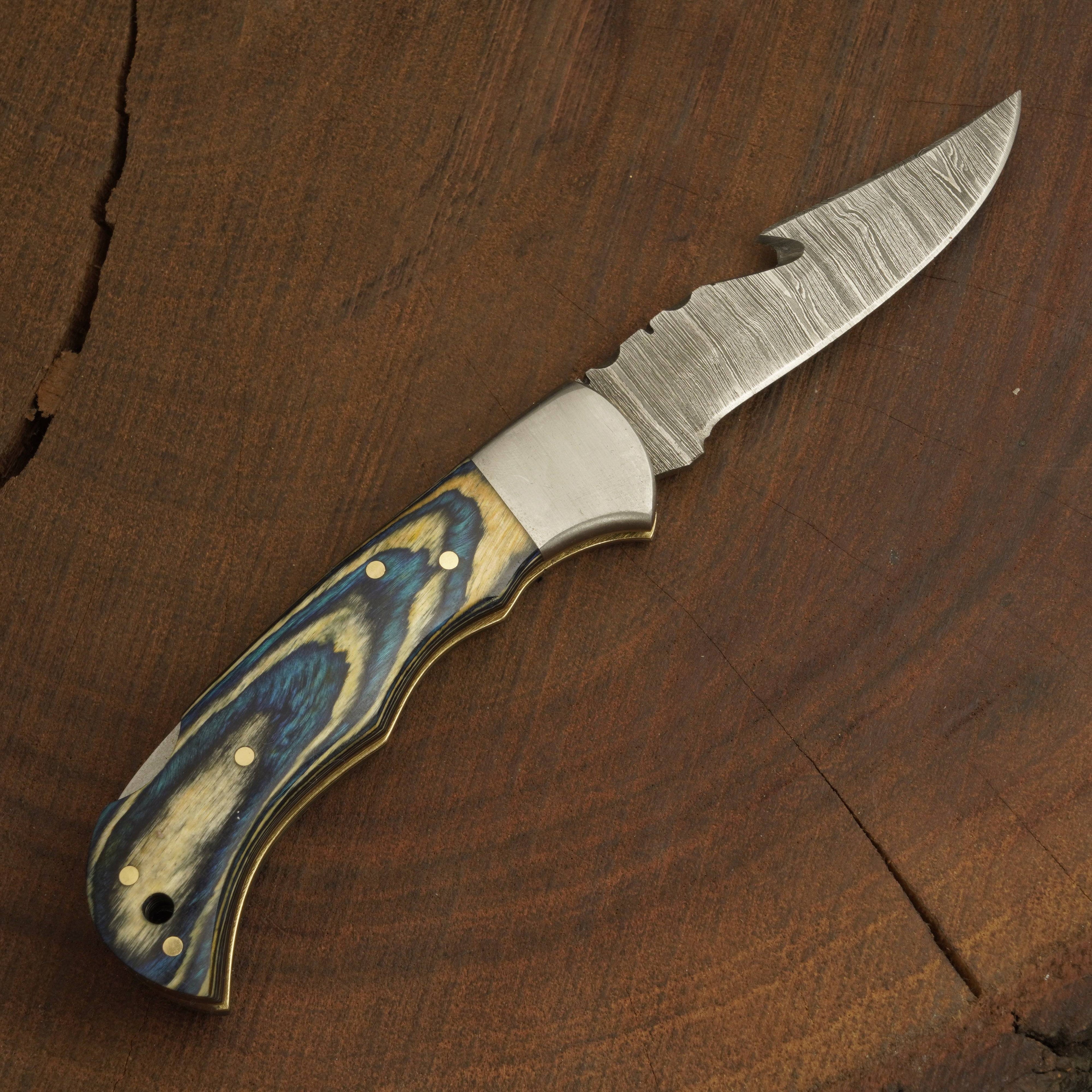 Handmade Damascus Gut Hook Pocket Knife – Camping Folding Blade w/ PakkaWood Handle