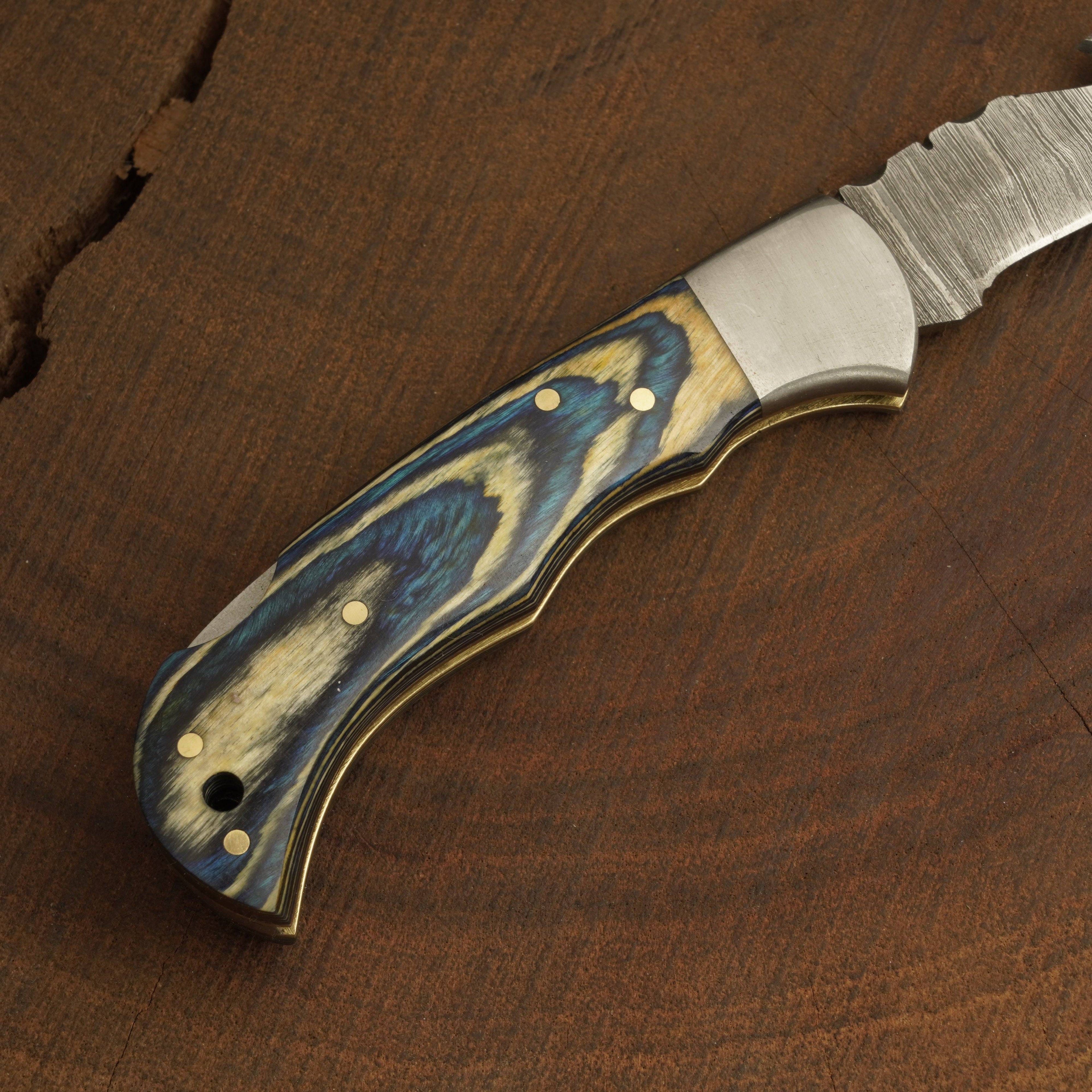 Handmade Damascus Gut Hook Pocket Knife – Camping Folding Blade w/ PakkaWood Handle