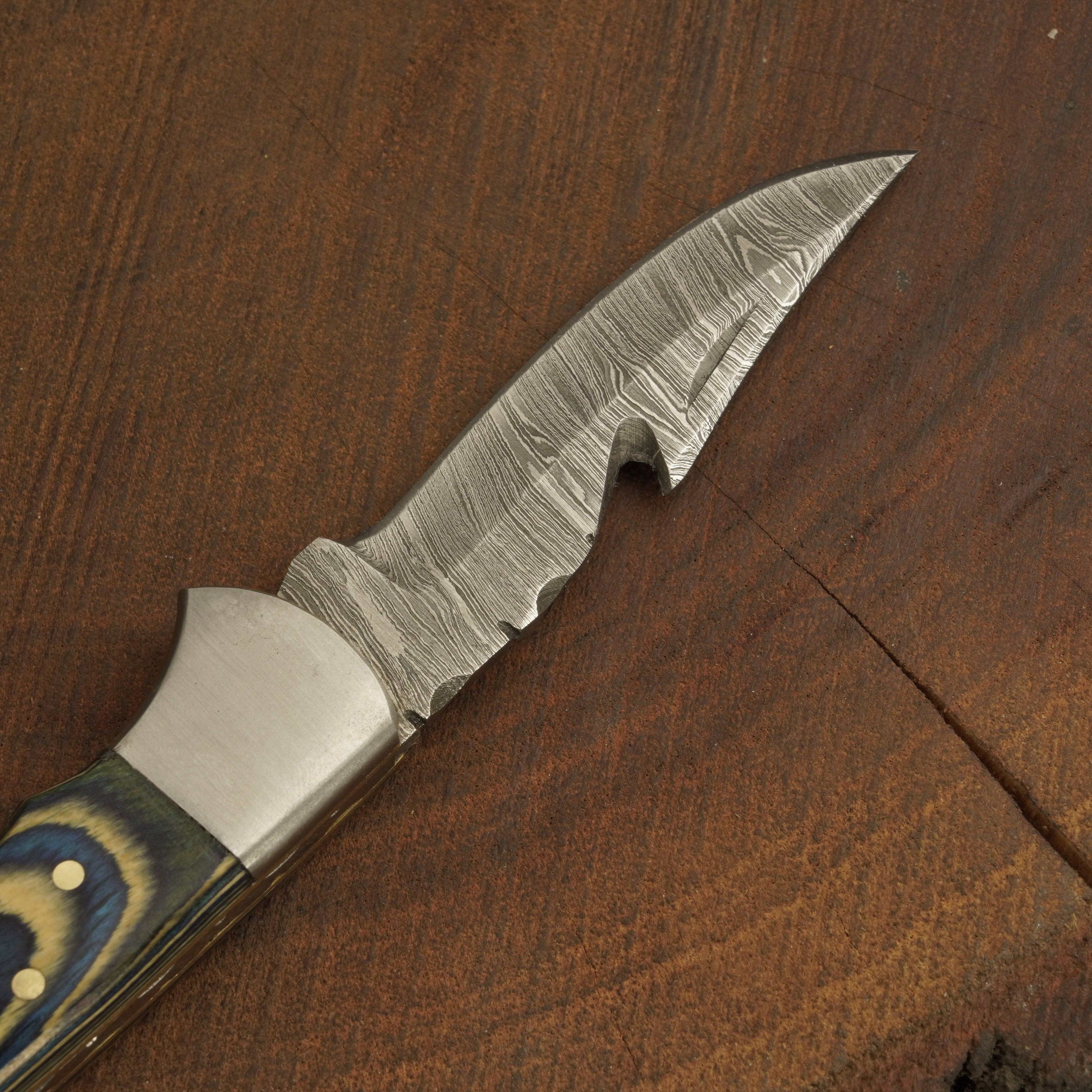 Handmade Damascus Gut Hook Pocket Knife – Camping Folding Blade w/ PakkaWood Handle