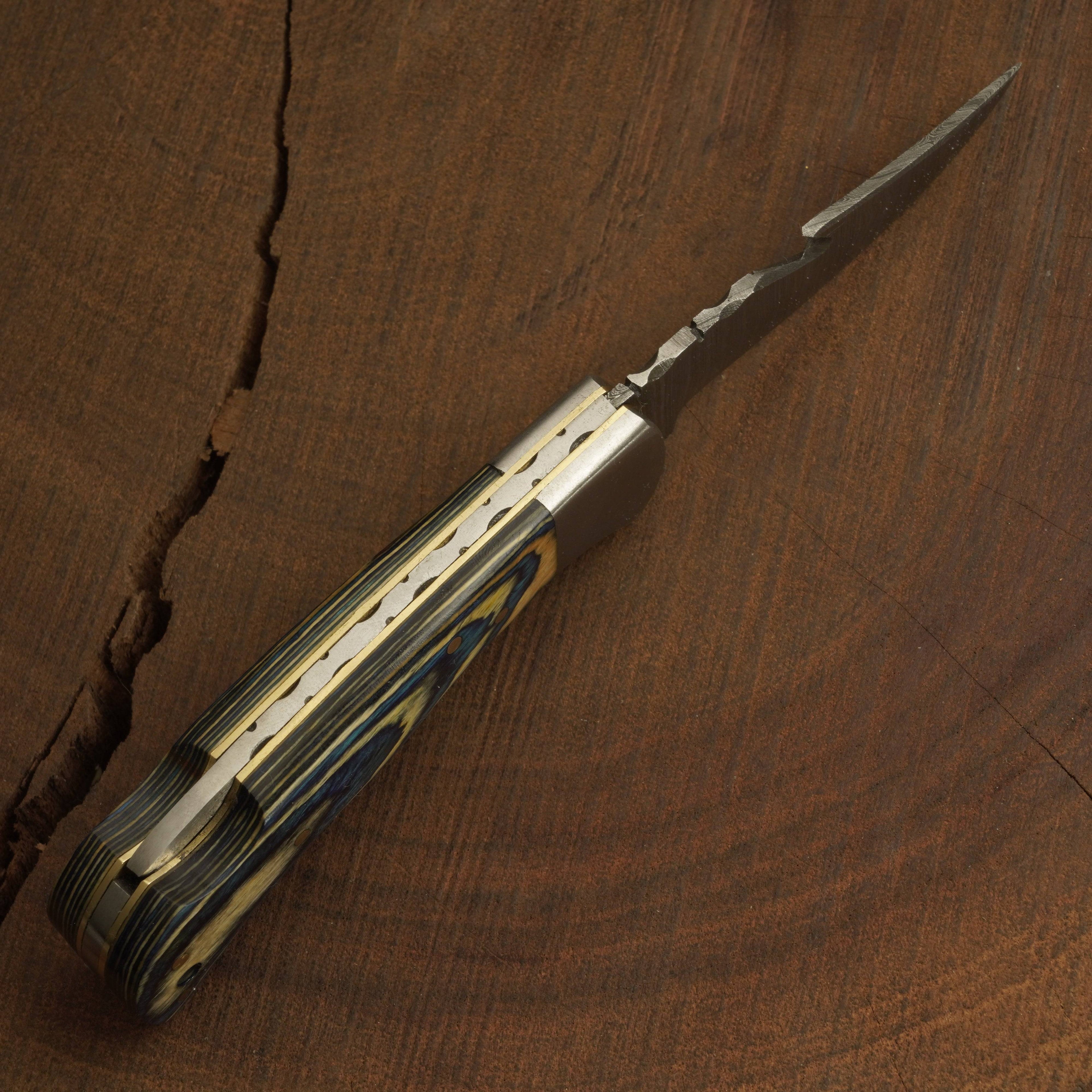 Handmade Damascus Gut Hook Pocket Knife – Camping Folding Blade w/ PakkaWood Handle