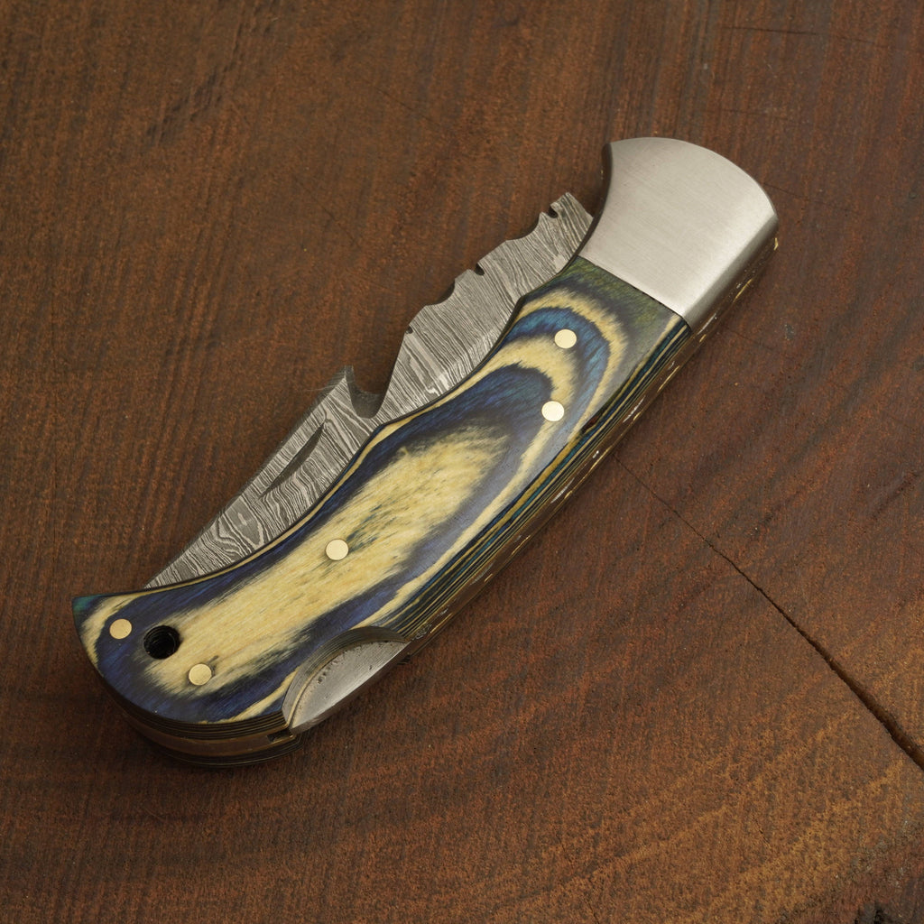Handmade Damascus Gut Hook Pocket Knife – Camping Folding Blade w/ PakkaWood Handle