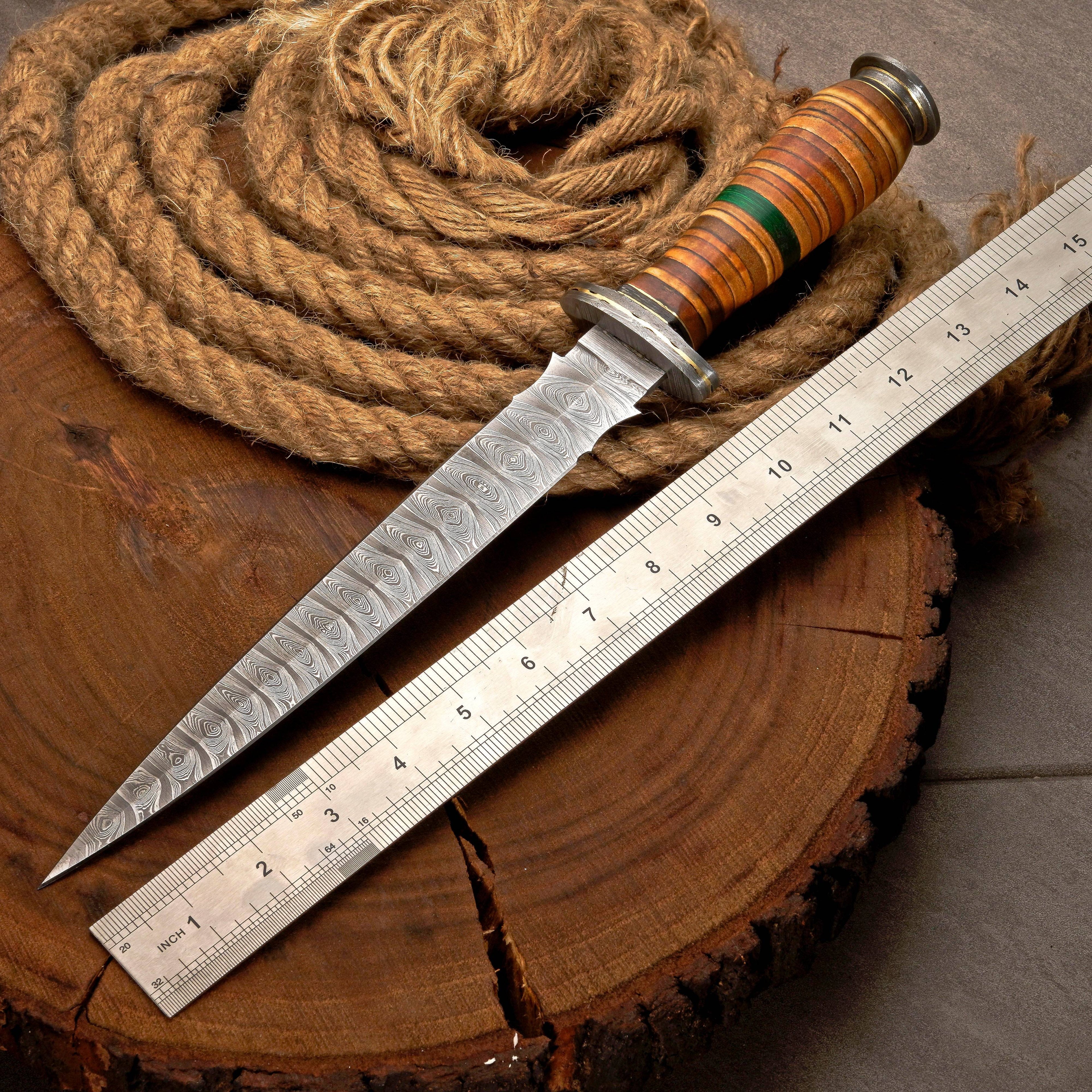 Custom Handmade Damascus Steel Dagger Knife with Leather Stack Handle in Green & Brown