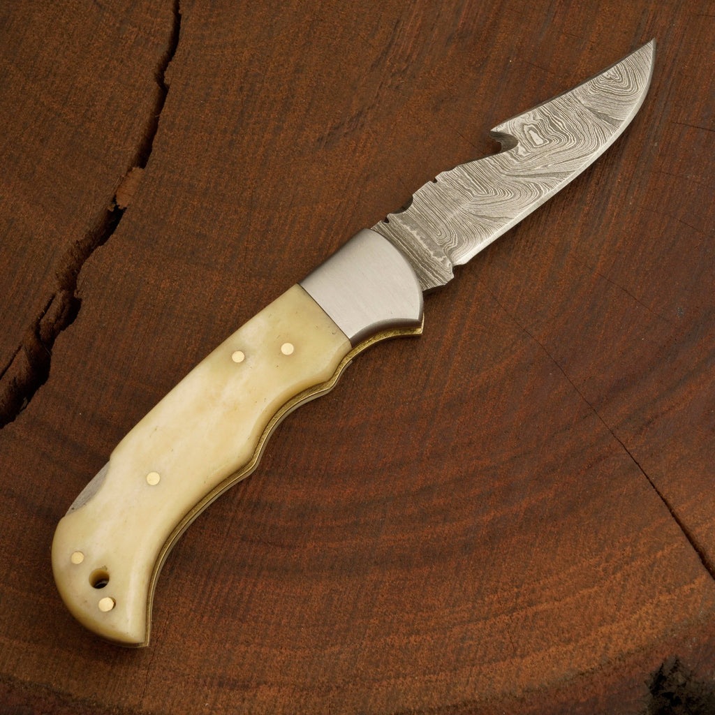 Damascus Gut Hook Pocket Knife 