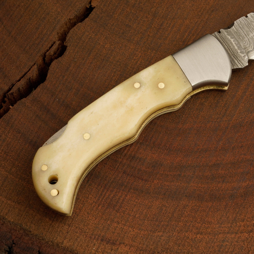 Damascus Gut Hook Pocket Knife – Handmade Folding Hunting & Camping Knife