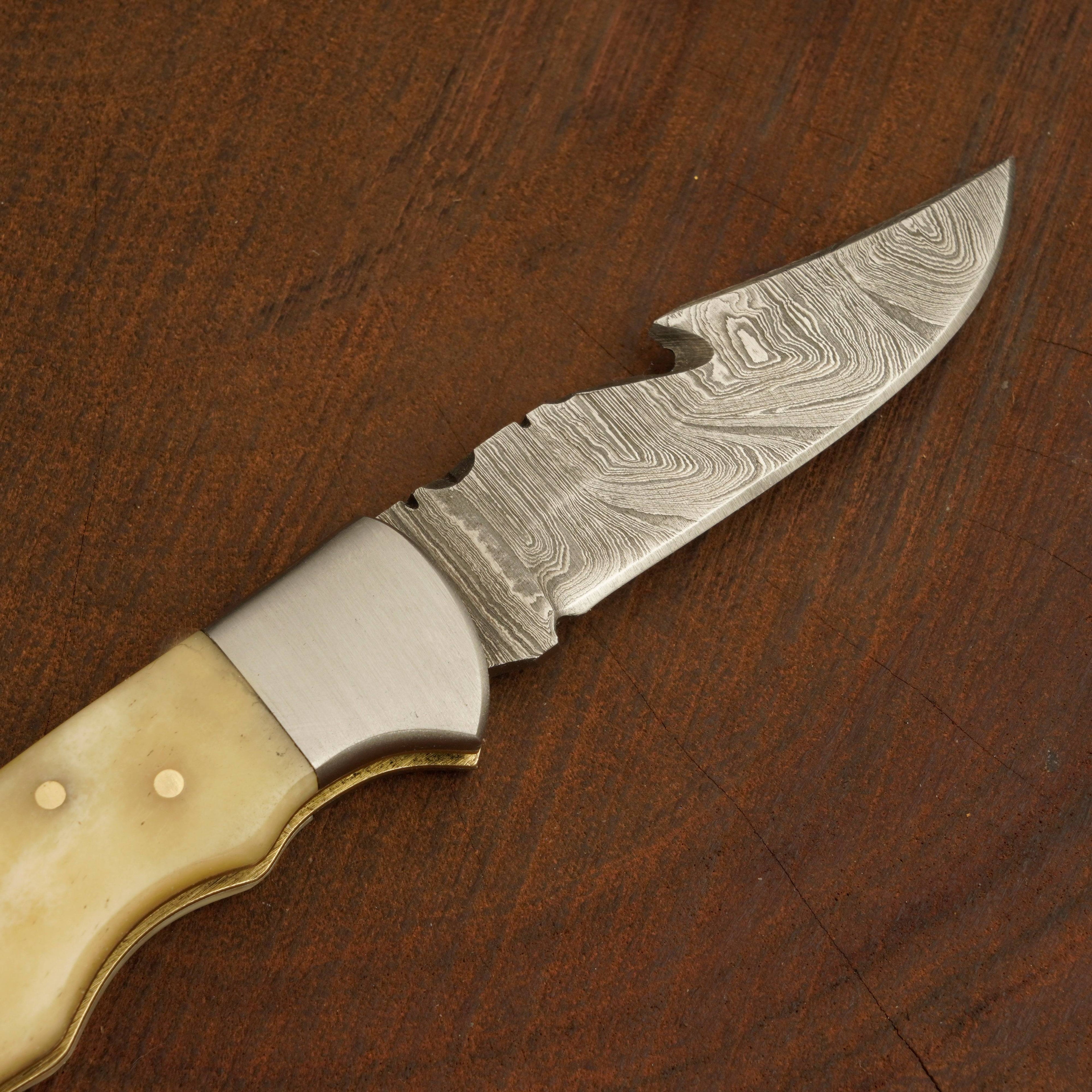 Damascus Gut Hook Pocket Knife – Handmade Folding Hunting & Camping Knife