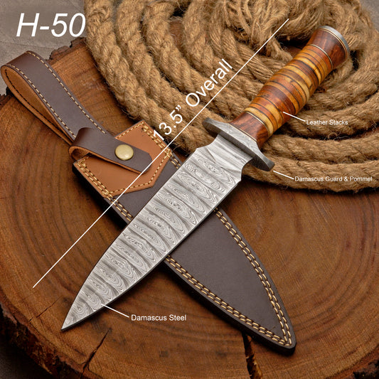 Custom Handmade Damascus Steel Dagger Knife with Leather Stack Handle