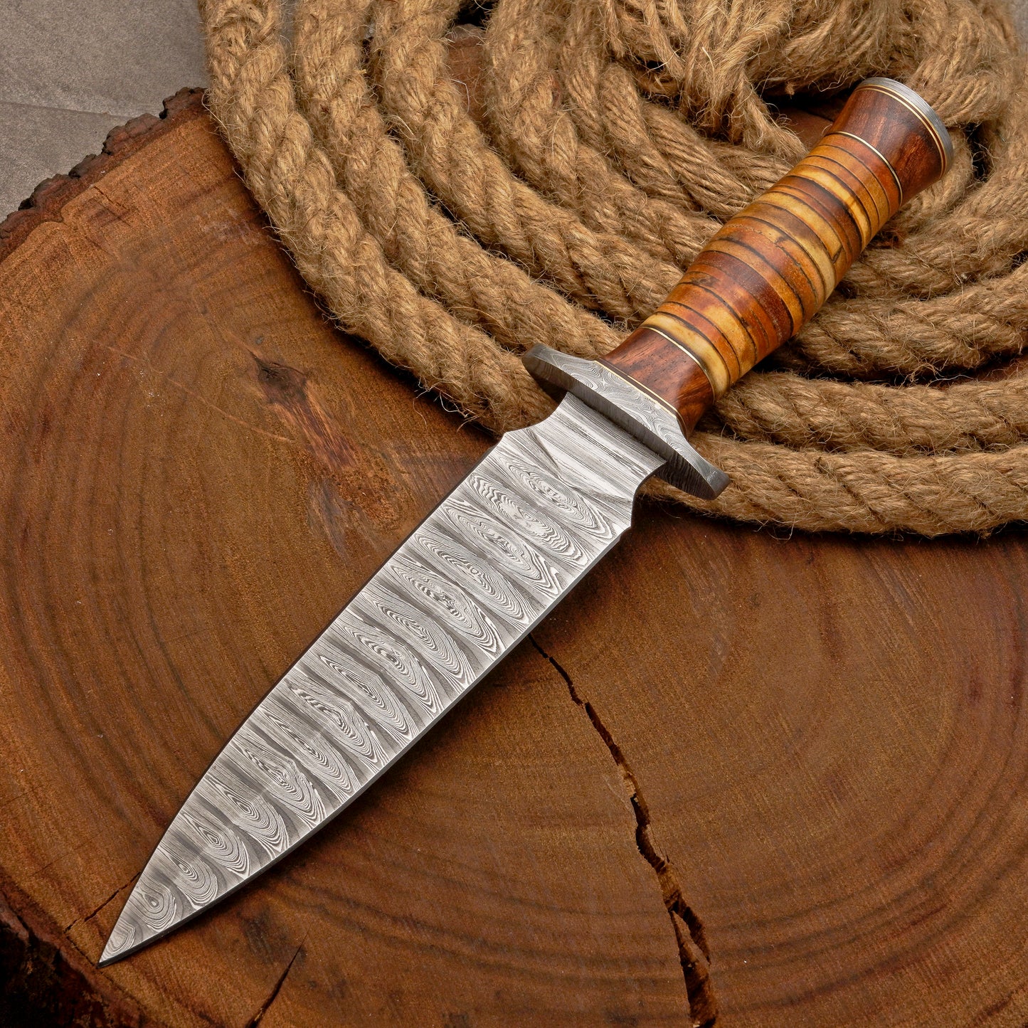 Custom Handmade Damascus Steel Dagger Knife with Leather Stack Handle