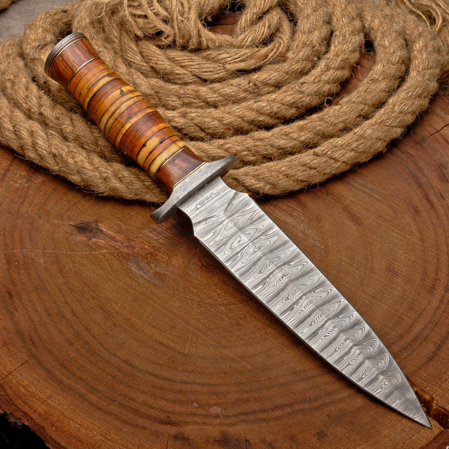 Custom Handmade Damascus Steel Dagger Knife with Leather Stack Handle