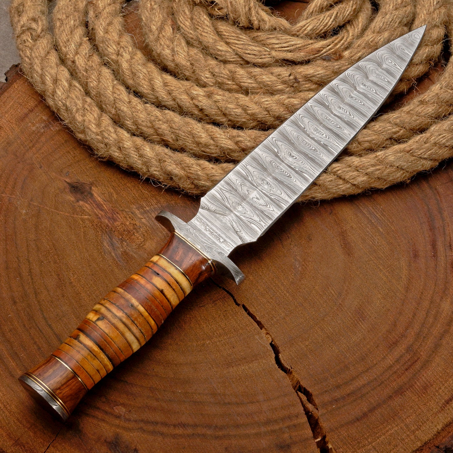 Custom Handmade Damascus Steel Dagger Knife with Leather Stack Handle