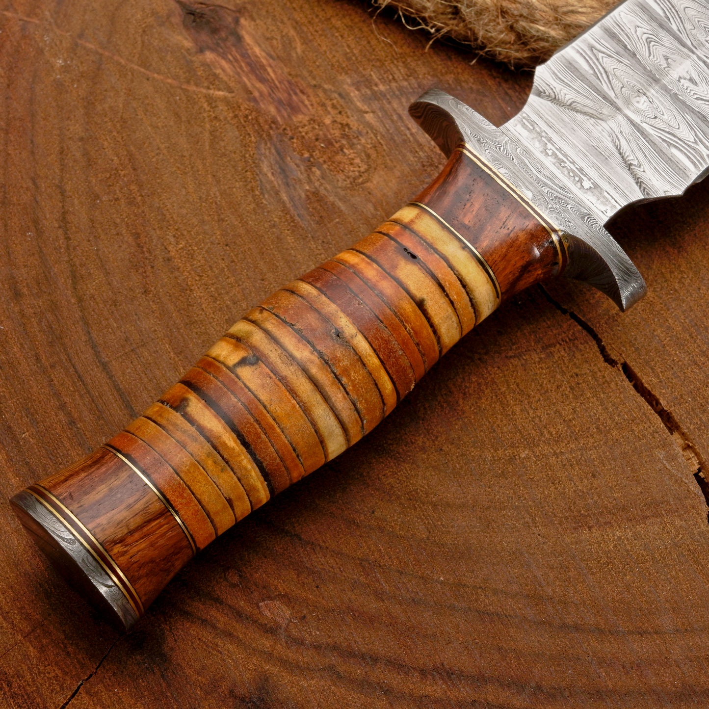 Custom Handmade Damascus Steel Dagger Knife with Leather Stack Handle