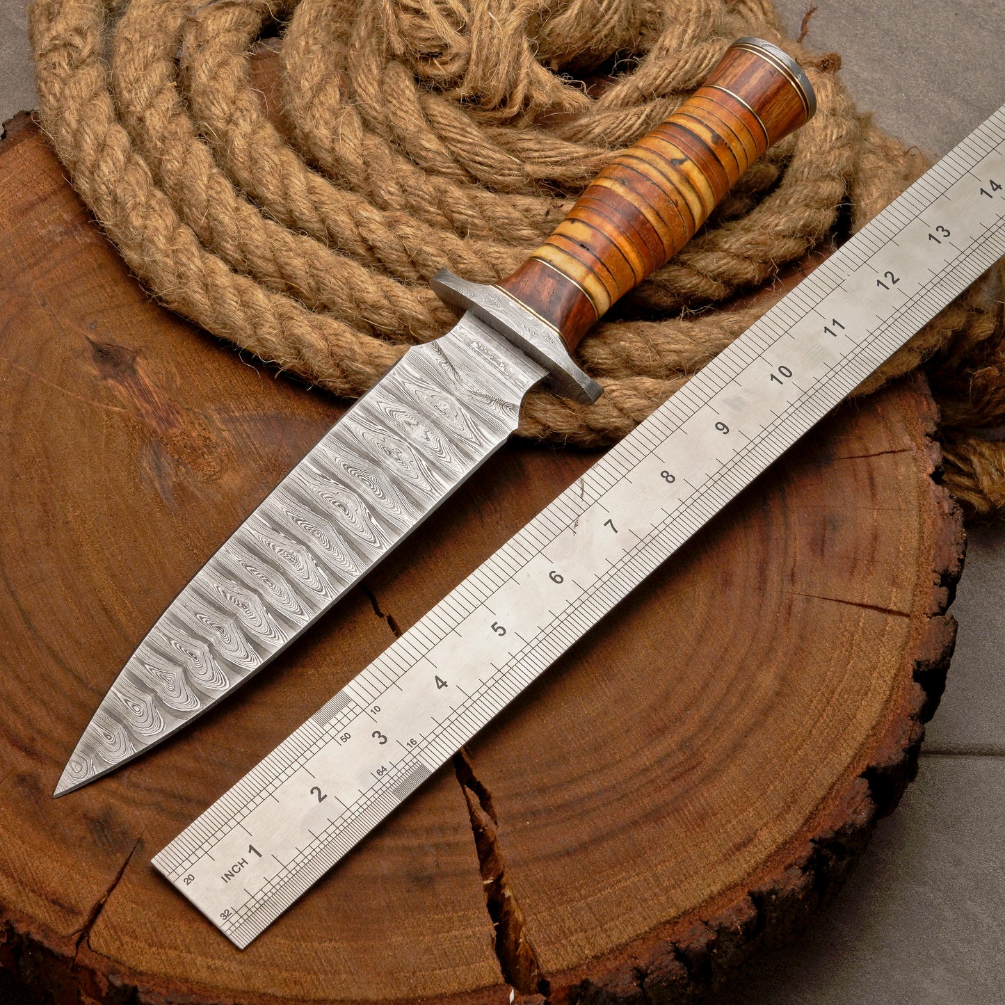 Custom Handmade Damascus Steel Dagger Knife with Leather Stack Handle