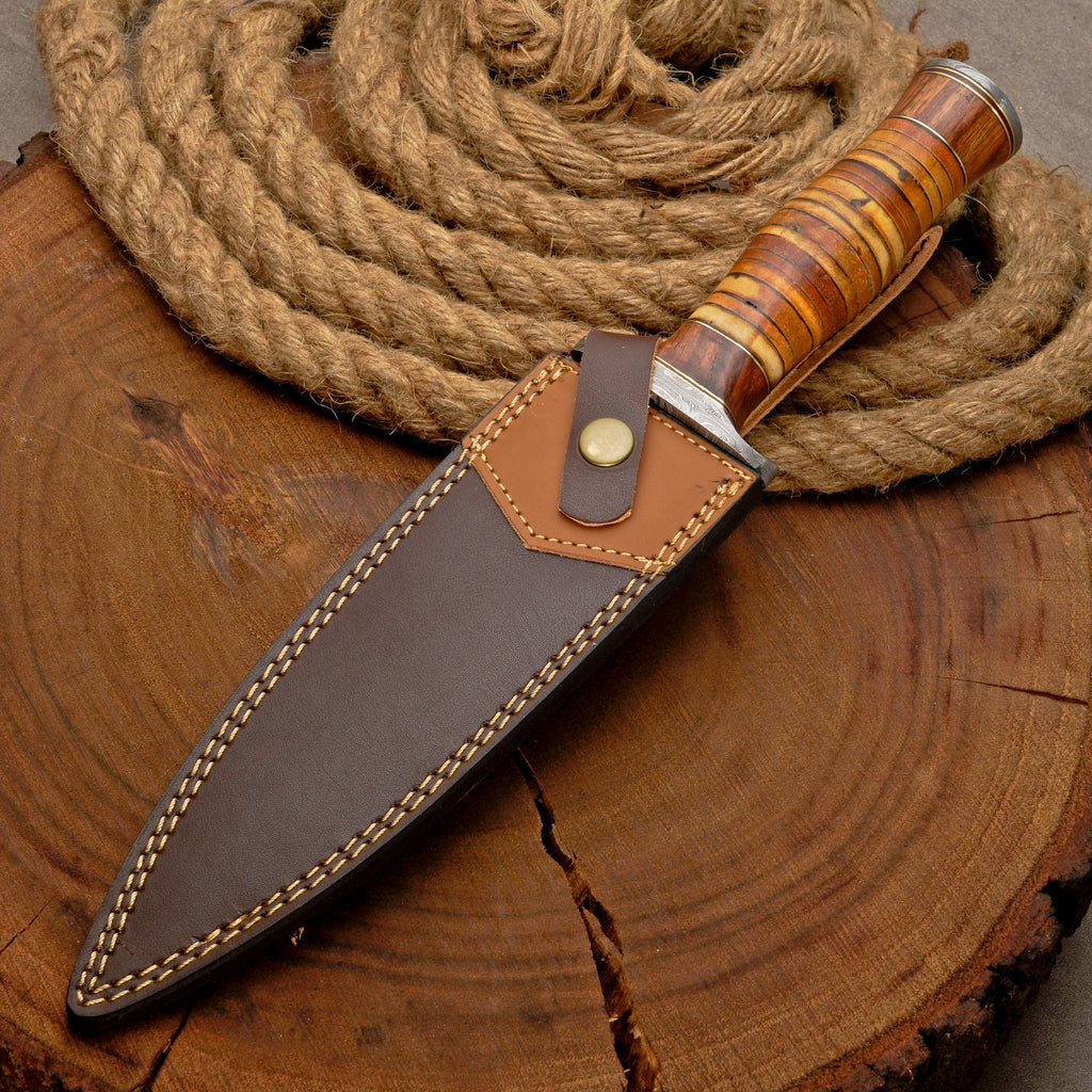 Custom Handmade Damascus Steel Dagger Knife with Leather Stack Handle