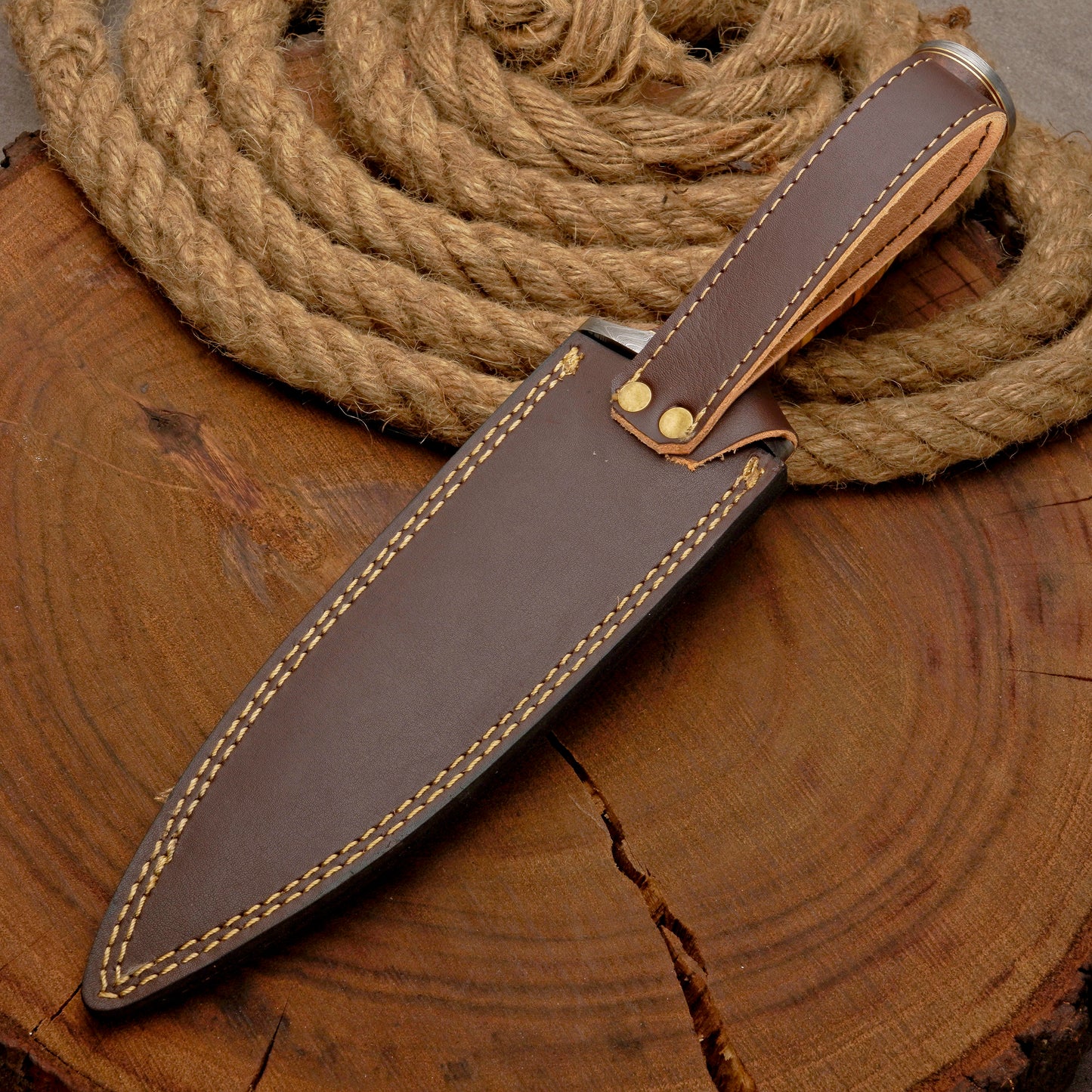 Custom Handmade Damascus Steel Dagger Knife with Leather Stack Handle